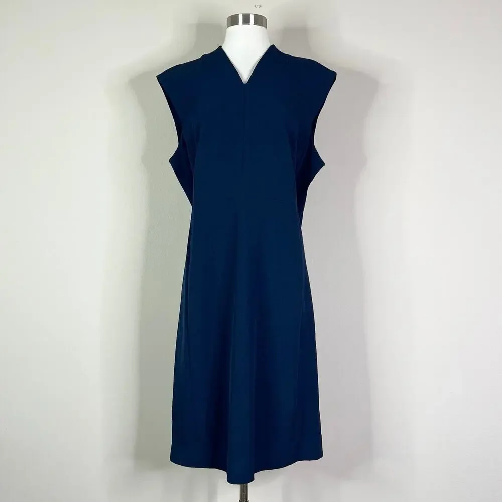 NEW MM LaFleur | Aditi Blue Tailored V Neck Sheath Workwear Minimalist Dress 16 - Picture 2 of 9